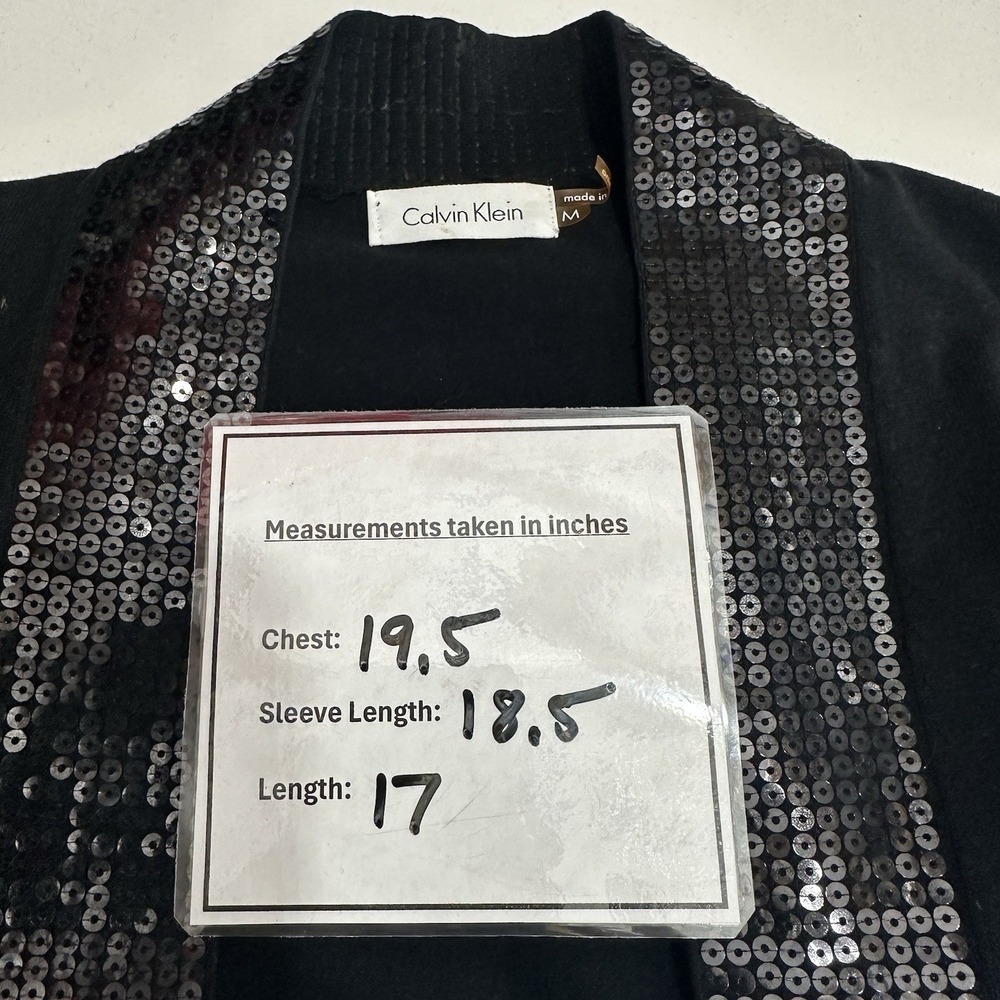 Calvin Klein Cropped Sequin Cardigan‎ 3/4 Sleeve Black Sweater Open Womens M - Picture 10 of 10